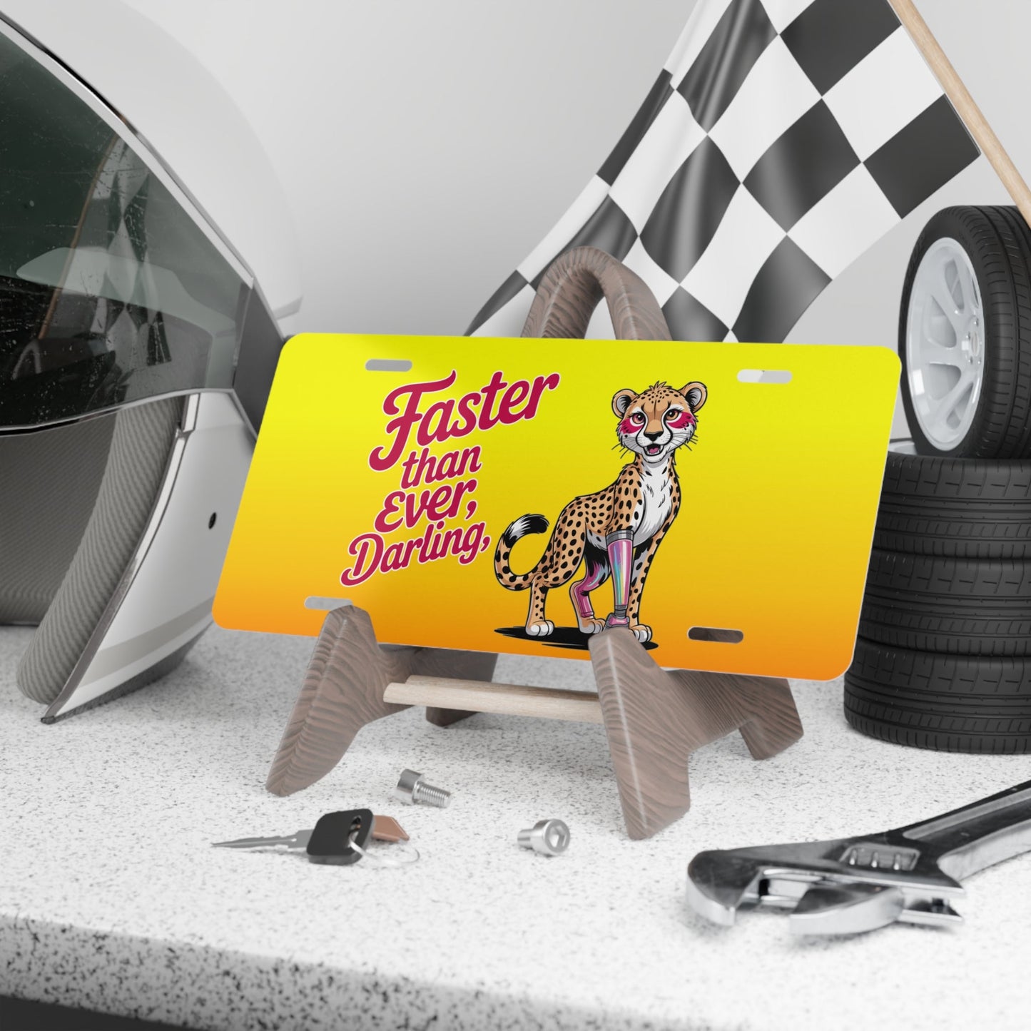 Amputee Wheelchair License Plate – Faster Than Ever Cheetah Design – Funny Prosthetic Mobility Plate for Chairs & Scooters